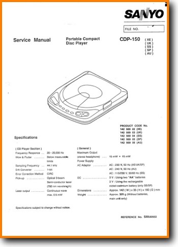Sanyo CDP-150 Portable Stereo Main Technical Manual - PDF & Tech Help* | English