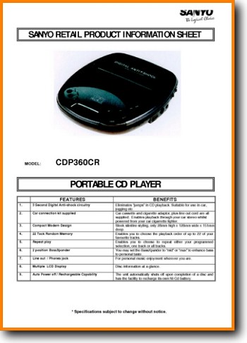 Sanyo CDP-360 Portable Stereo Main Brochure - PDF & Tech Help* | English
