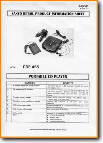 Sanyo CDP-455 Portable Stereo Main Brochure - PDF & Tech Help* | English