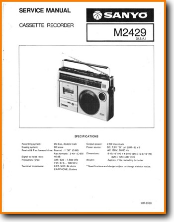 Sanyo M-2429 Portable Stereo Main Technical Manual - PDF & Tech Help* | English