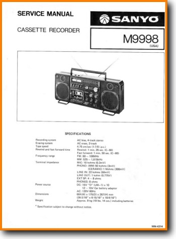 Sanyo M-9998 Portable Stereo Main Technical Manual - PDF & Tech Help* | English