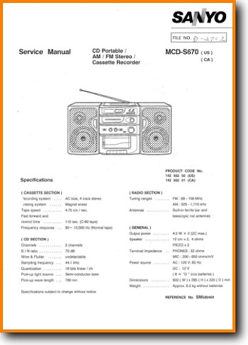 Sanyo MCDS-670 Portable Stereo Main Technical Manual - PDF & Tech Help* | English