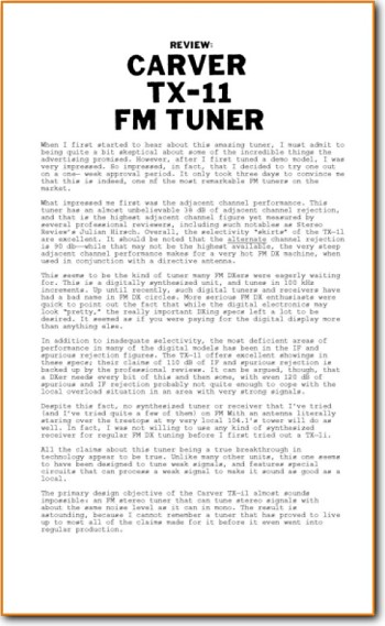 Carver TX-11 Tuner Main Product Review - PDF & Tech Help* | English