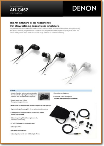 Denon AHC-452 Headphones Main Brochure - PDF & Tech Help* | English