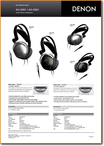 Denon AHD-301 Headphones Main Brochure - PDF & Tech Help* | English