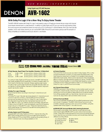Denon AVR-1602 Amp Receiver Main Brochure - PDF & Tech Help* | English