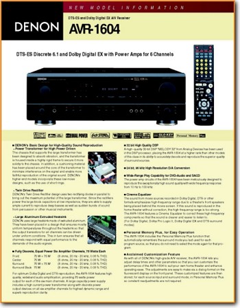 Denon AVR-1604 Amp Receiver Main Brochure - PDF & Tech Help* | English