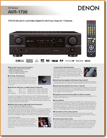 Denon AVR-1706 Amp Receiver Main Brochure - PDF & Tech Help* | English