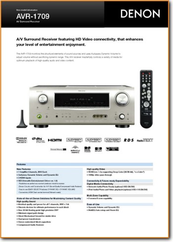 Denon AVR-1709 Amp Receiver Main Brochure - PDF & Tech Help* | English