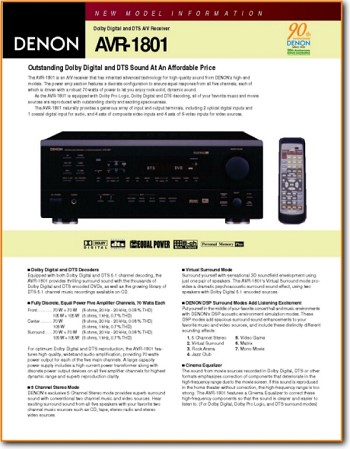 Denon AVR-1801 Amp Receiver Main Brochure - PDF & Tech Help* | English