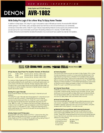 Denon AVR-1802 Amp Receiver Main Brochure - PDF & Tech Help* | English
