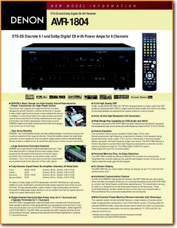 Denon AVR-1804 Amp Receiver Main Brochure - PDF & Tech Help* | English