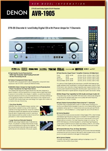 Denon AVR-1905 Amp Receiver Main Brochure - PDF & Tech Help* | English