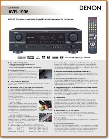 Denon AVR-1906 Amp Receiver Main Brochure - PDF & Tech Help* | English