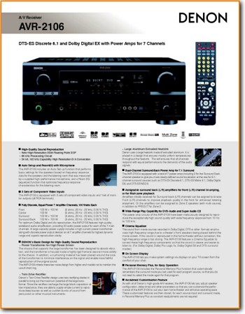 Denon AVR-2106 Amp Receiver Main Brochure - PDF & Tech Help* | English