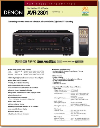 Denon AVR-2801 Amp Receiver Main Brochure - PDF & Tech Help* | English