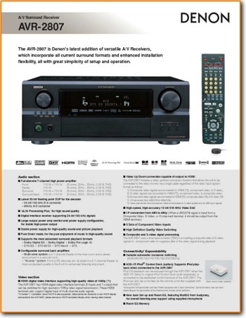 Denon AVR-2807 Amp Receiver Main Brochure - PDF & Tech Help* | English