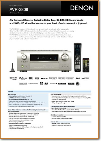 Denon AVR-2809 Amp Receiver Main Brochure - PDF & Tech Help* | English