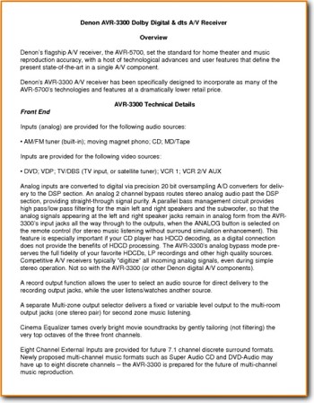 Denon AVR-3300 Amp Receiver Addendum - A Brochure - PDF & Tech Help* | English