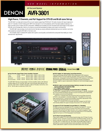 Denon AVR-3801 Amp Receiver Main Brochure - PDF & Tech Help* | English