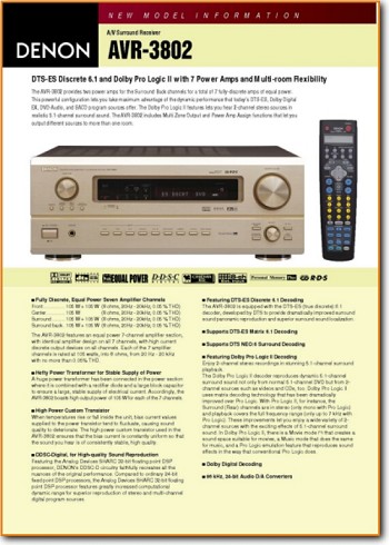 Denon AVR-3802 Amp Receiver Addendum - A Brochure - PDF & Tech Help* | English