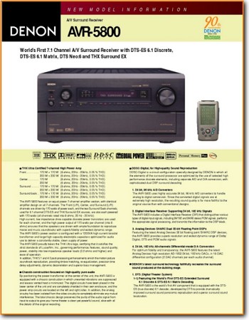 Denon AVR-5800 Amp Receiver Main Brochure - PDF & Tech Help* | English