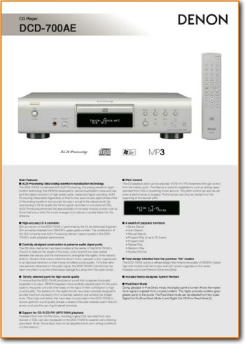 Denon DCD-700-AE CD Player Main Brochure - PDF & Tech Help* | English