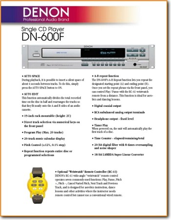 Denon DN-600-F CD Player Main Brochure - PDF & Tech Help* | English