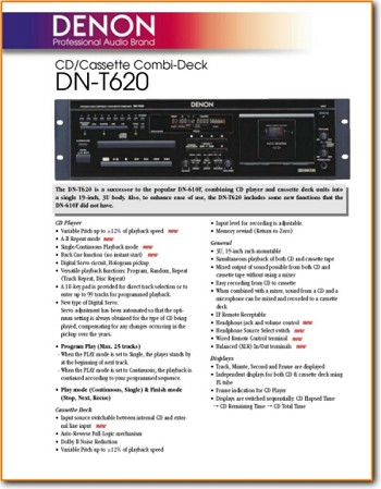 Denon DNT-620 CD Player Main Brochure - PDF & Tech Help* | English