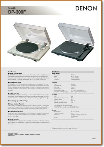 Denon DP-300-F Turntable Record Player Addendum - A Brochure - PDF & Tech Help* | English