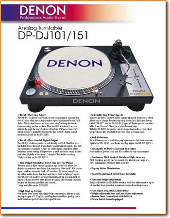 Denon DPDJ-101 Turntable Record Player Main Brochure - PDF & Tech Help* | English
