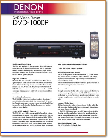 Denon DVD-1000-P DVD Player Main Brochure - PDF & Tech Help* | English