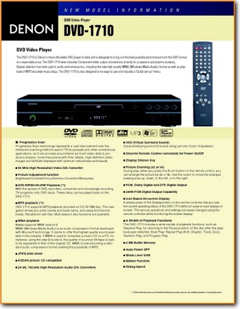 Denon DVD-1710 DVD Player Main Brochure - PDF & Tech Help* | English