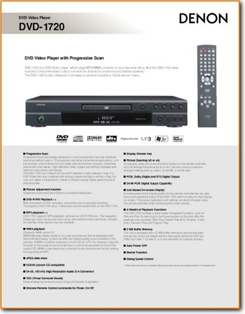 Denon DVD-1720 DVD Player Main Brochure - PDF & Tech Help* | English