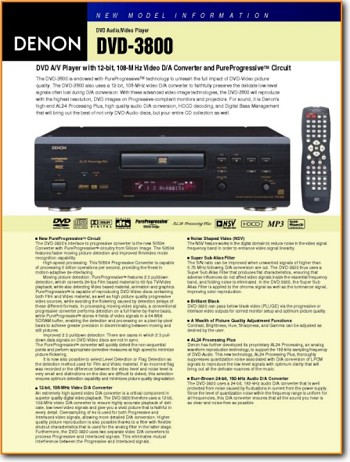 Denon DVD-3800 DVD Player Main Brochure - PDF & Tech Help* | English