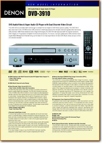 Denon DVD-3910 DVD Player Addendum - A Brochure - PDF & Tech Help* | English