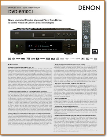 Denon DVD-5910-CI DVD Player Main Brochure - PDF & Tech Help* | English