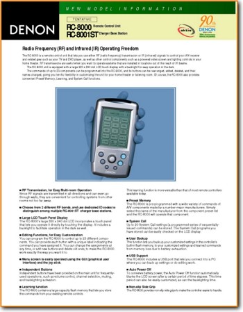 Denon RC-8000 Remote Control Main Brochure - PDF & Tech Help* | English