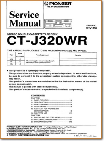 Pioneer CTJ-320-WR Tape Player Addendum - A Technical Manual - PDF & Tech Help* | English