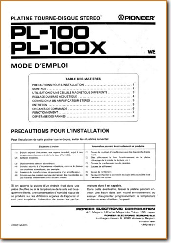 Pioneer PL-100 Turntable Record Player Main User Book - PDF & Tech Help* | French