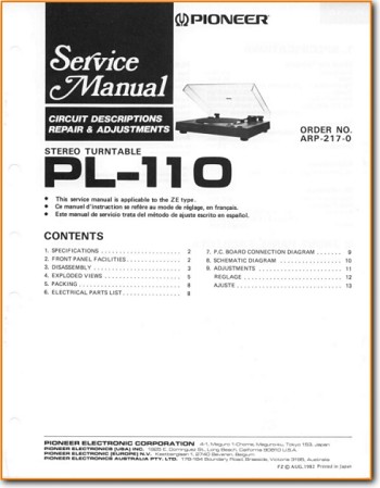 Pioneer PL-110 Turntable Record Player Main Technical Manual - PDF & Tech Help* | English