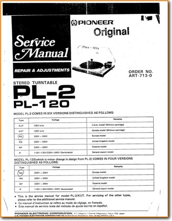 Pioneer PL-120 Turntable Record Player Main Technical Manual - PDF & Tech Help* | English
