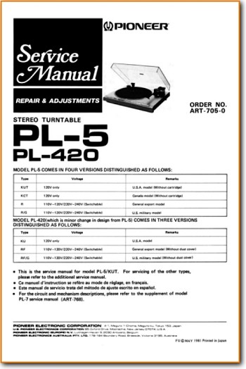 Pioneer PL-420 Turntable Record Player Main Technical Manual - PDF & Tech Help* | English