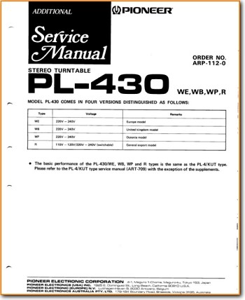Pioneer PL-430 Turntable Record Player Main Technical Manual - PDF & Tech Help* | English