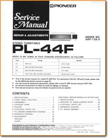 Pioneer PL-44-F Turntable Record Player Main Technical Manual - PDF & Tech Help* | English