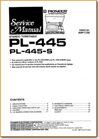 Pioneer PL-445 Turntable Record Player Main Technical Manual - PDF & Tech Help* | English