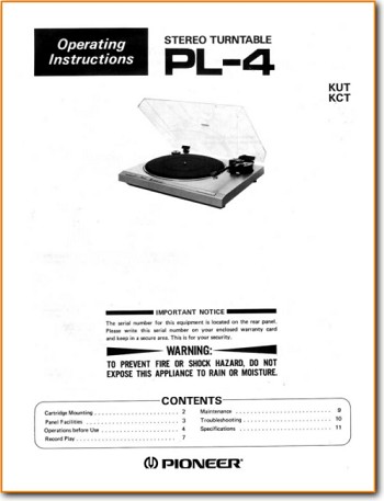 Pioneer PL-4 Turntable Record Player Main User Book - PDF & Tech Help* | English