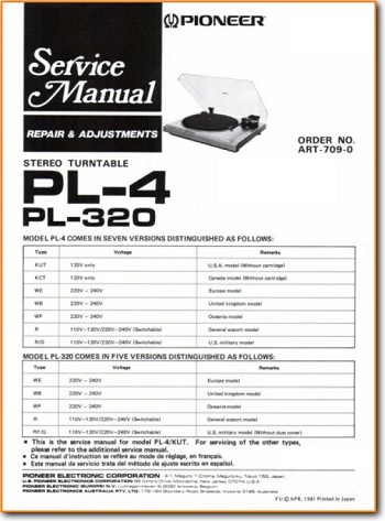 Pioneer PL-4 Turntable Record Player Main Technical Manual - PDF & Tech Help* | English