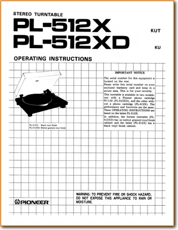 Pioneer PL-512-X Turntable Record Player Main User Book - PDF & Tech Help* | English