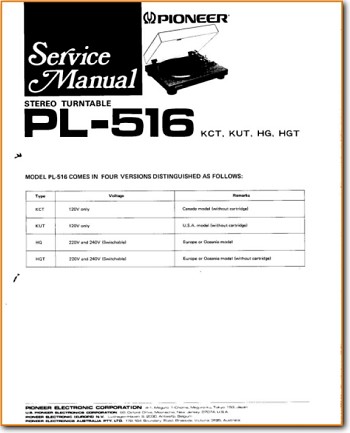 Pioneer PL-516 Turntable Record Player Main Technical Manual - PDF & Tech Help* | English